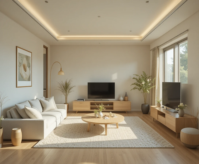 salón japandi pequeño con diseño luminoso y minimalista