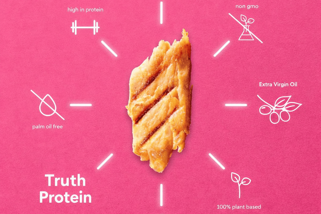 Grilled plant-based chicken fillet with healthy icons for non-GMO, high protein, and low calorie.