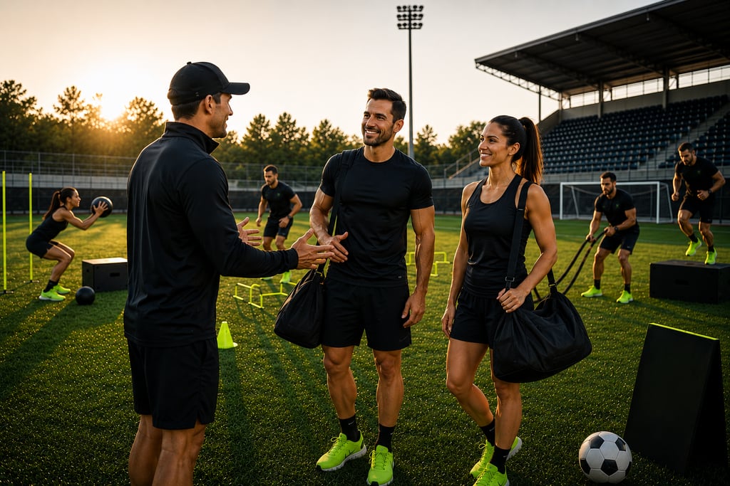 Entrenador dando la bienvenida a nuevos participantes en cancha de fútbol.