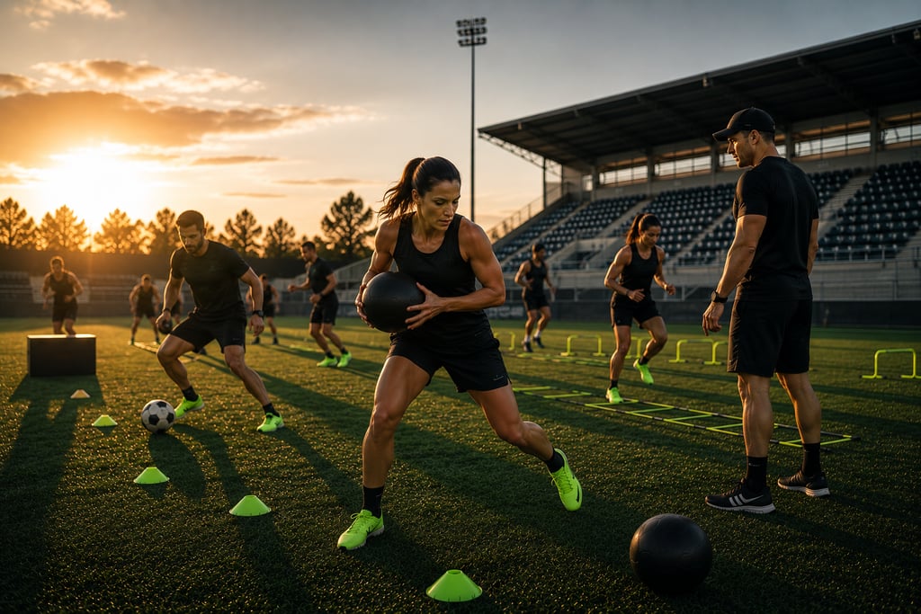 Un grupo de adultos en una sesión de entrenamiento funcional con balón en una cancha de fútbol.