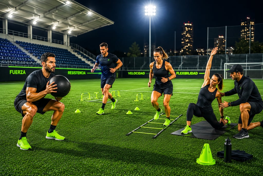 Athletes performing functional training and agility drills on an outdoor turf field at night.