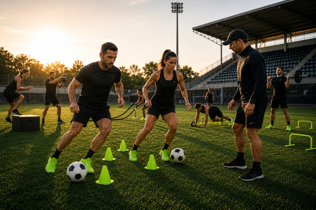 Grupo realizando entrenamiento funcional con fútbol bajo supervisión de entrenador.