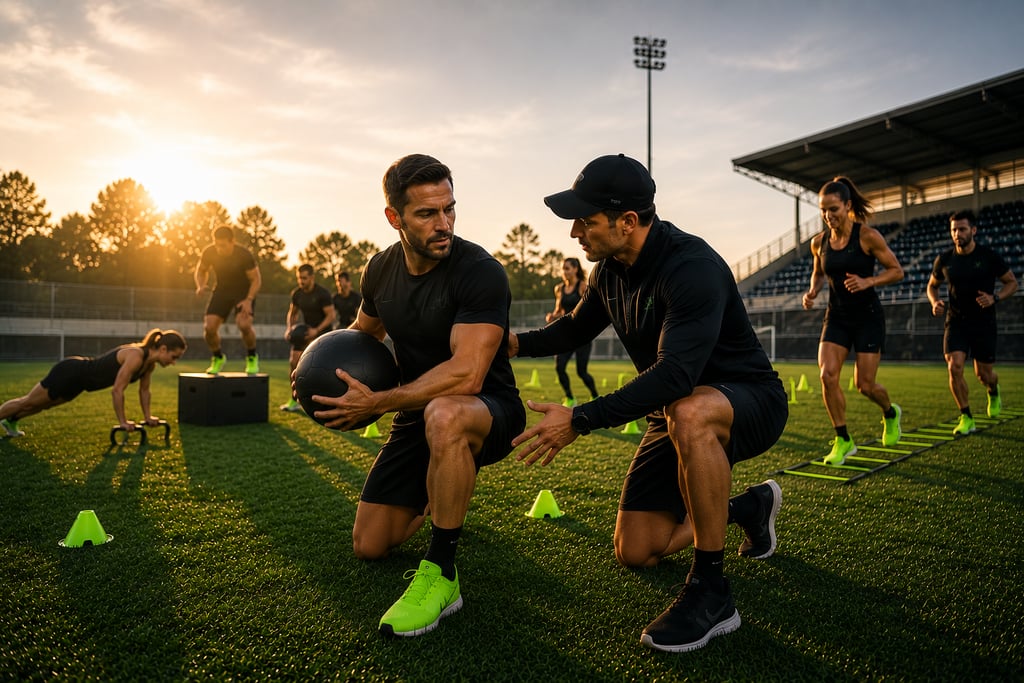 A personal trainer coaching an athlete with a medicine ball during a group outdoor fitness class at sunset.