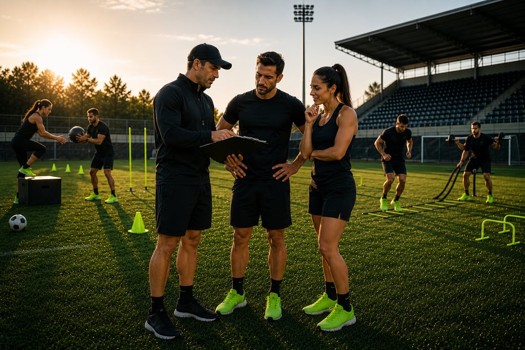 Entrenador revisando el plan de entrenamiento con dos participantes antes de iniciar la sesión.