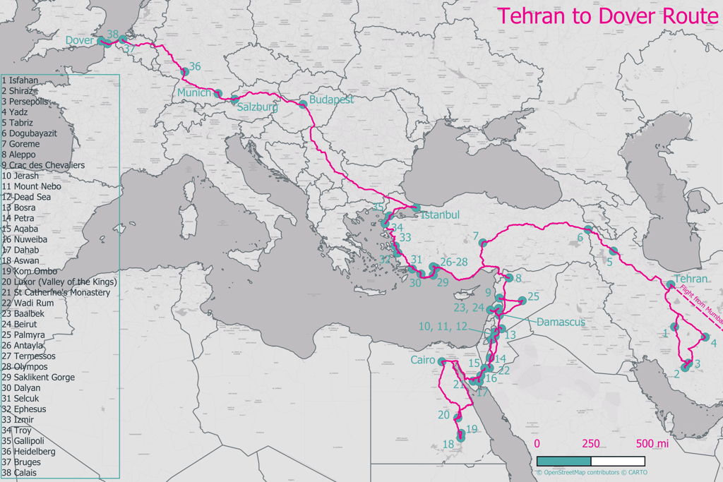Tehran to Dover Route Map