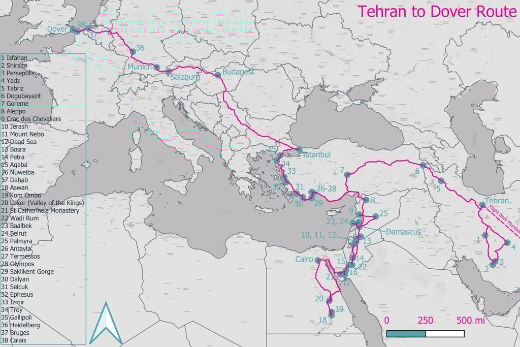 Tehran to Dover Route Map