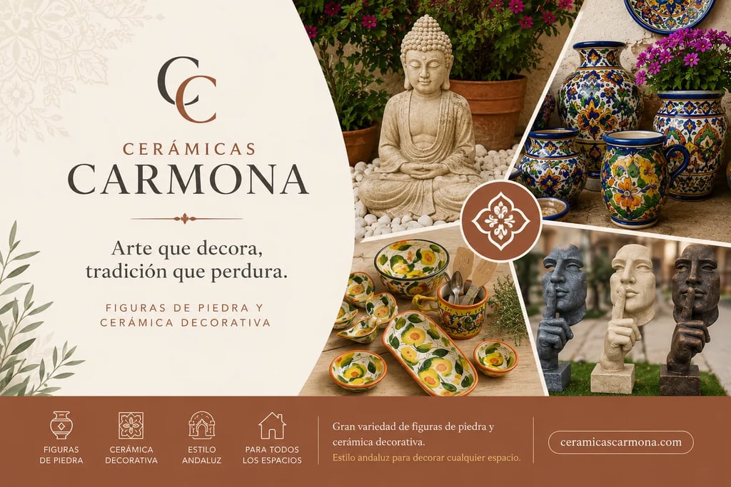 Hand-painted Andalusian ceramic pottery and stone Buddha statues from Cerámicas Carmona.