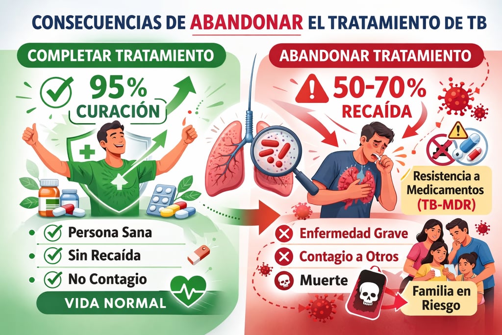 Comparación visual de consecuencias entre completar y abandonar el tratamiento de tuberculosis