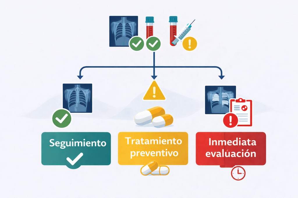 Árbol de decisión mostrando tres escenarios posibles de resultados de evaluación de contacto tbc