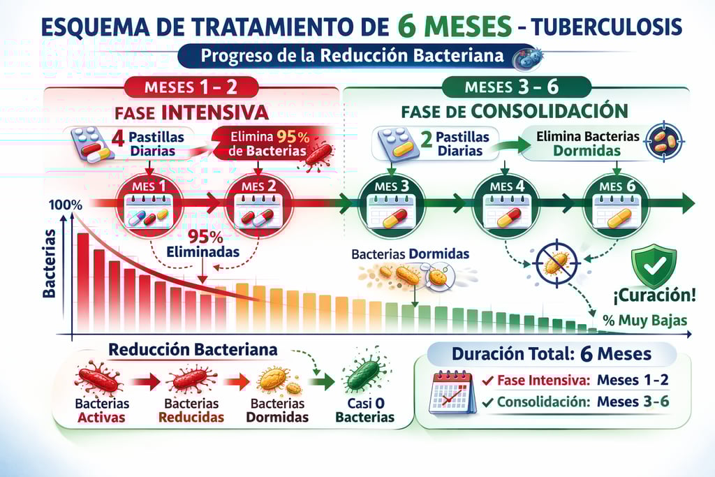 Línea de tiempo de 6 meses del tratamiento de tuberculosis mostrando fases intensiva y de consolidac
