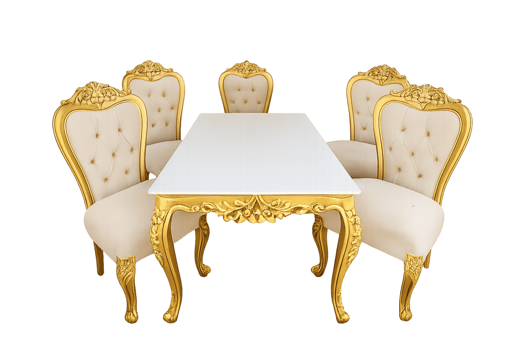 Luxury gold carved dining table set with white tabletop and four cream tufted chairs,