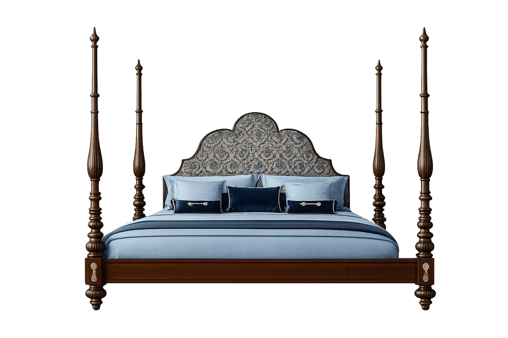 Elegant mahogany four poster bed with ornate carved posts and blue patterned damask headboard.