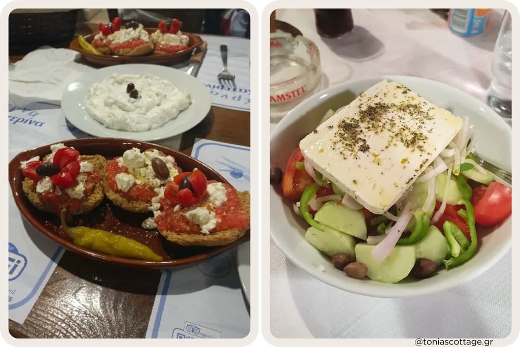 Cretan mezze: dakos rusks with tomato and cheese, tzatziki, and a Greek village salad with feta