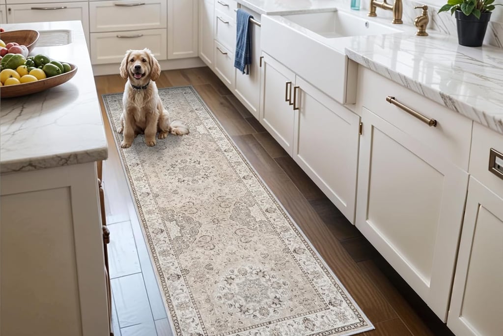 Golden dog sitting on a vintage washable runner rug in a white kitchen with marble countertops.