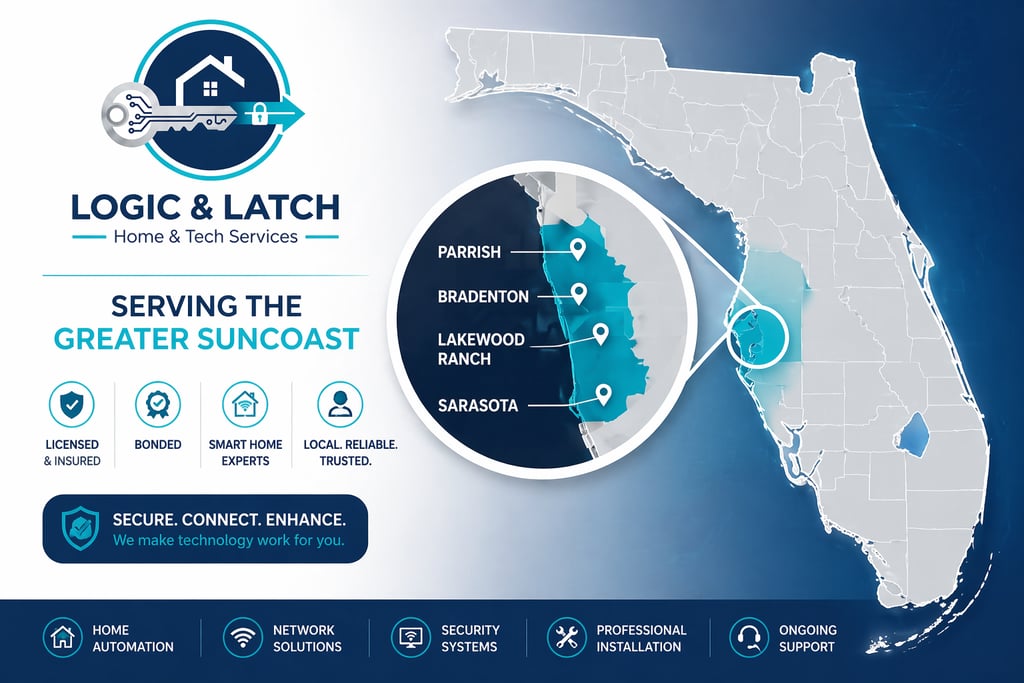 Logic and Latch service area map for Lakewood Ranch, Sarasota, and Parrish.