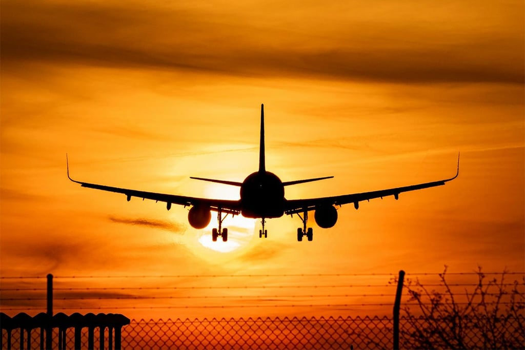 Jet airliner landing at sunset