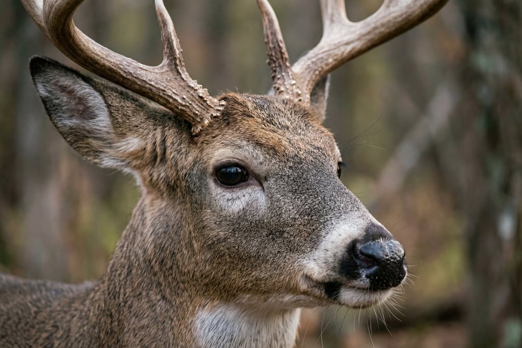 Close-up profile of a male white-tailed deer buck with large antlers in a forest setting.