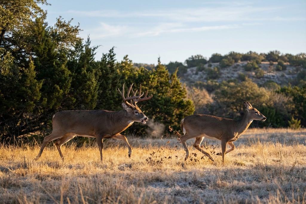 A trophy whitetail buck and doe running through a golden frost-covered field at sunrise.