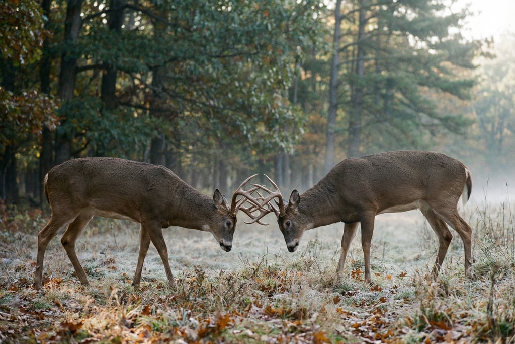 Two white-tailed buck deer clashing antlers in a misty forest during the autumn rut.