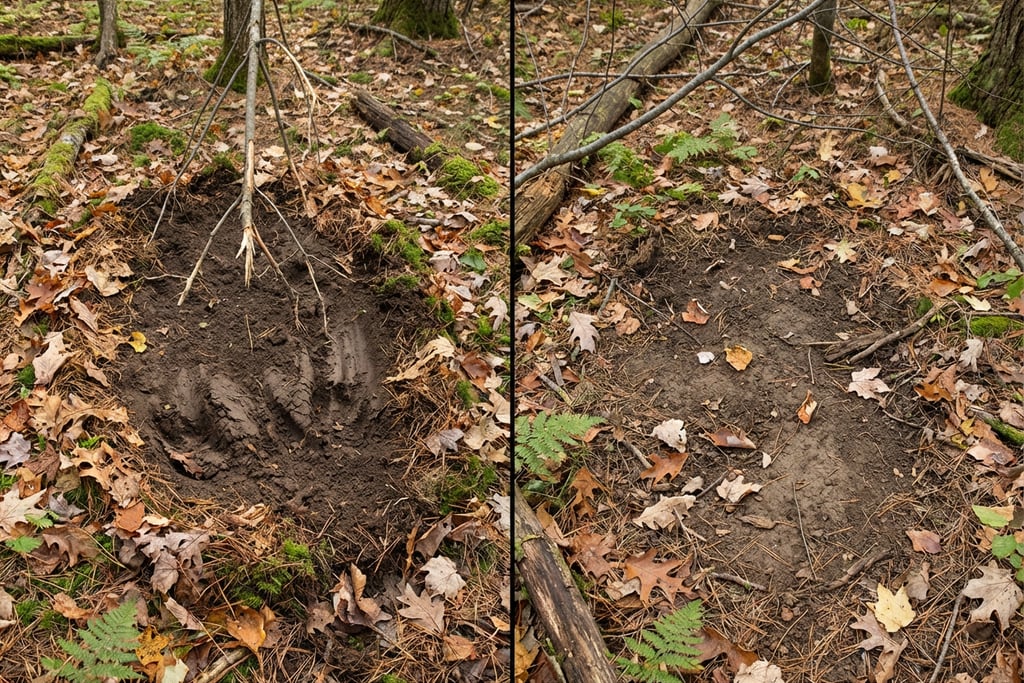 Fresh and old deer scrape and pawed dirt on a forest floor with autumn leaves.