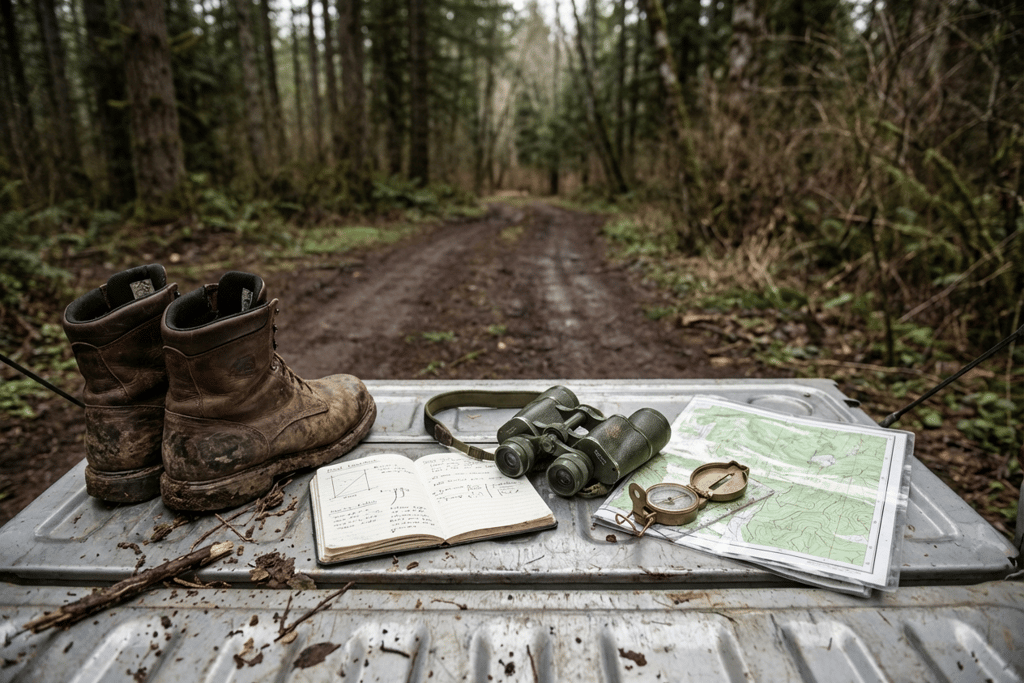Hiking boots, binoculars, a map, and a compass on a truck tailgate in a dense forest.