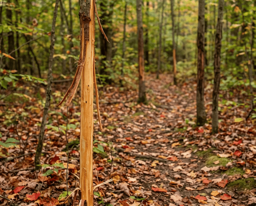 Tree bark stripped by a buck rub on a forest trail with autumn leaves.