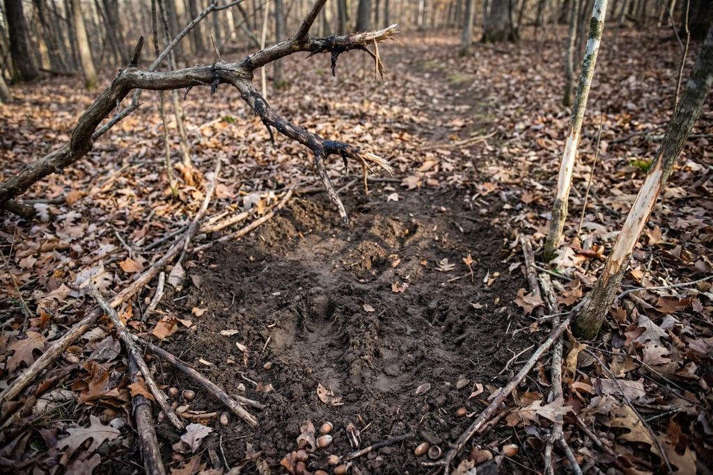 A fresh deer scrape in the mud of a forest floor during the hunting season.