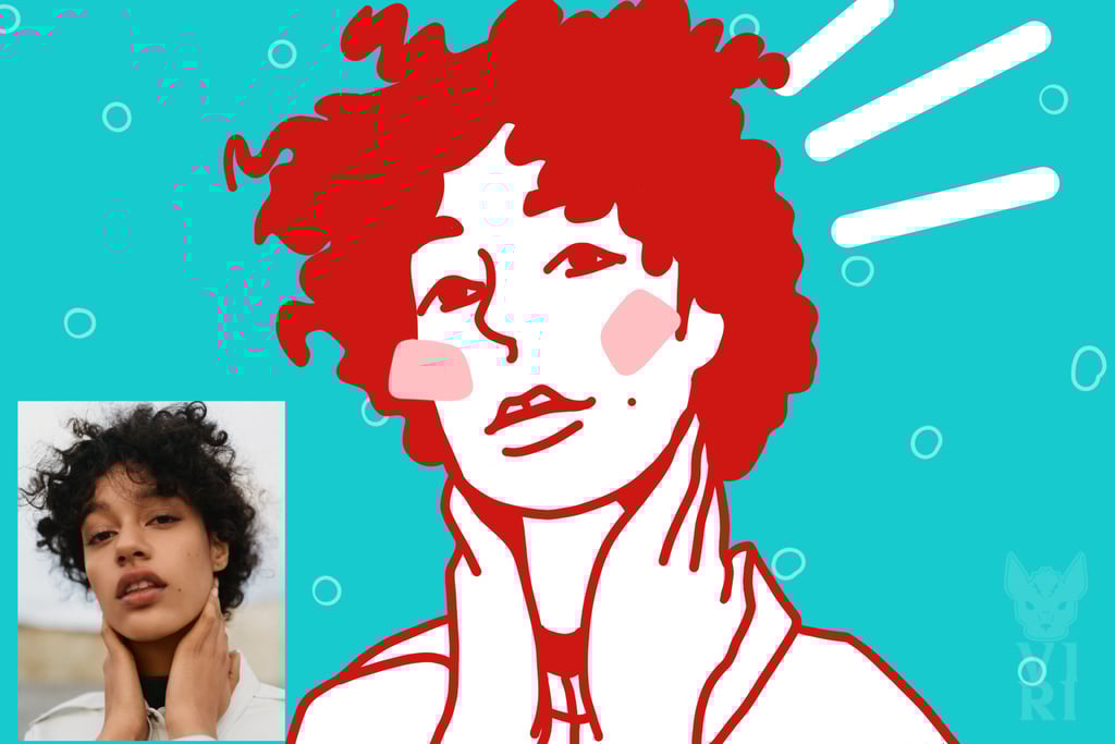 Digital illustration side-by-side with a photo of a woman with curly hair on a blue background.
