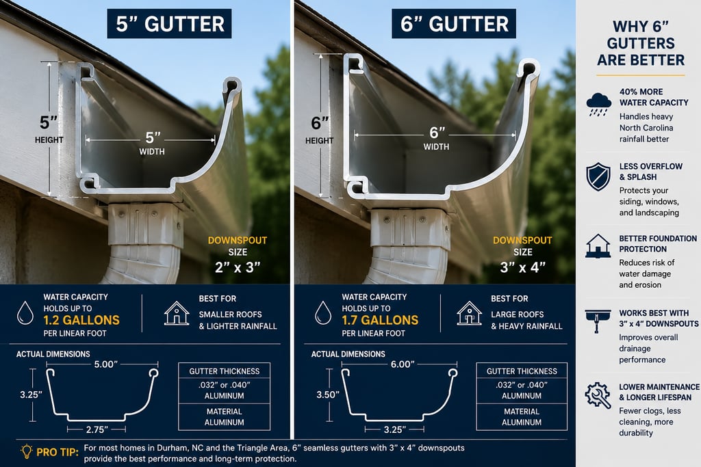 Comparison of 5-inch vs 6-inch seamless gutters in Durham NC showing increased water capacity and improved drainage