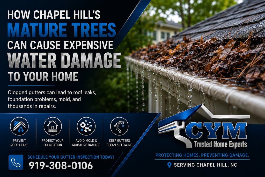 Overflowing clogged gutters causing water damage on a home in Chapel Hill NC