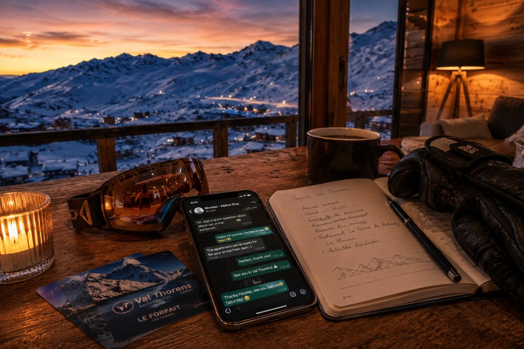 Warm Val Thorens alpine stay with mountain sunset view, personalized guest communication, and cozy ski chalet atmosphere.