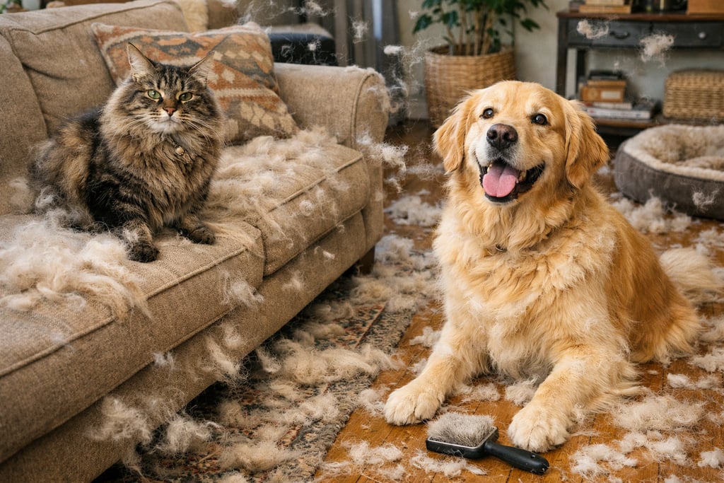 spring shedding with cat and dog with fur everywhere in the house