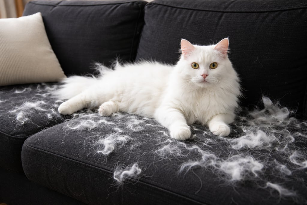 white cat shedding on a black sofa with furr everywhere