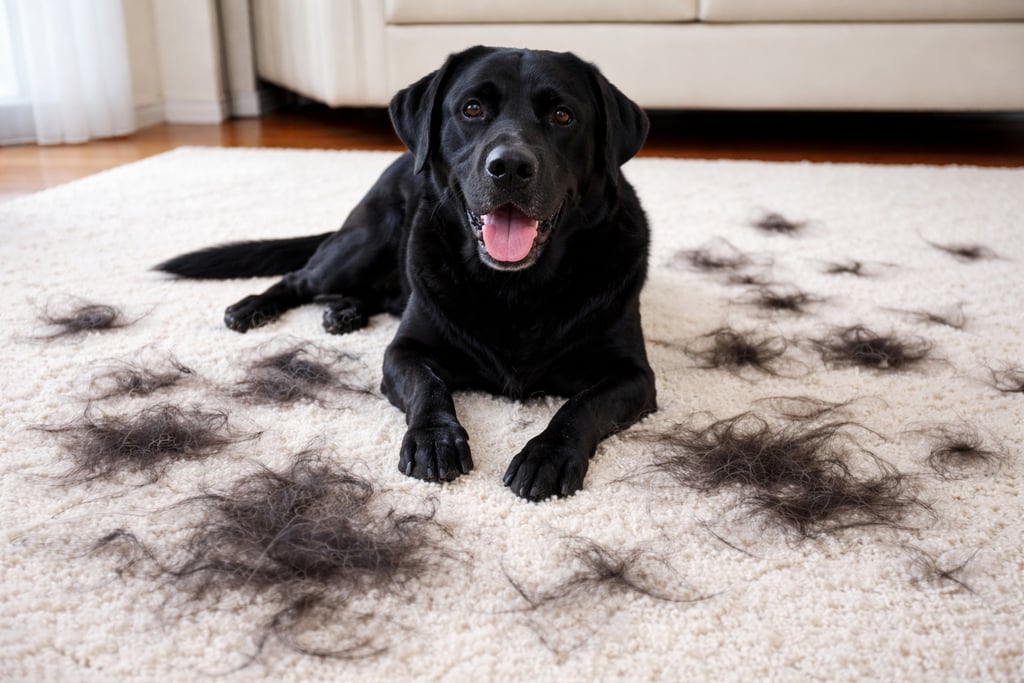 black dog shedding on a white carpet with fur everywhere