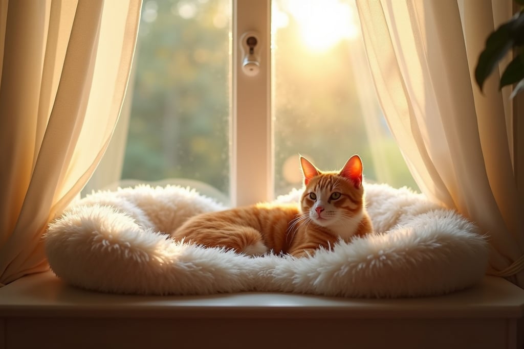 High angle view of a sunlit window seat with a plush cat bed