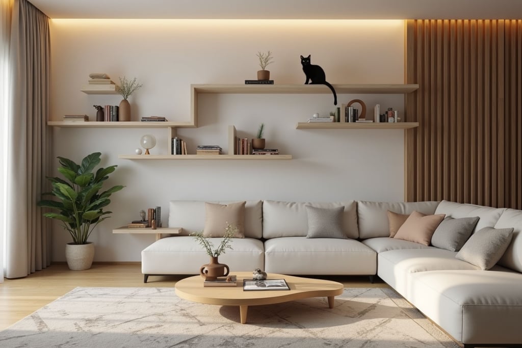 Modern living room with integrated cat climbing shelves