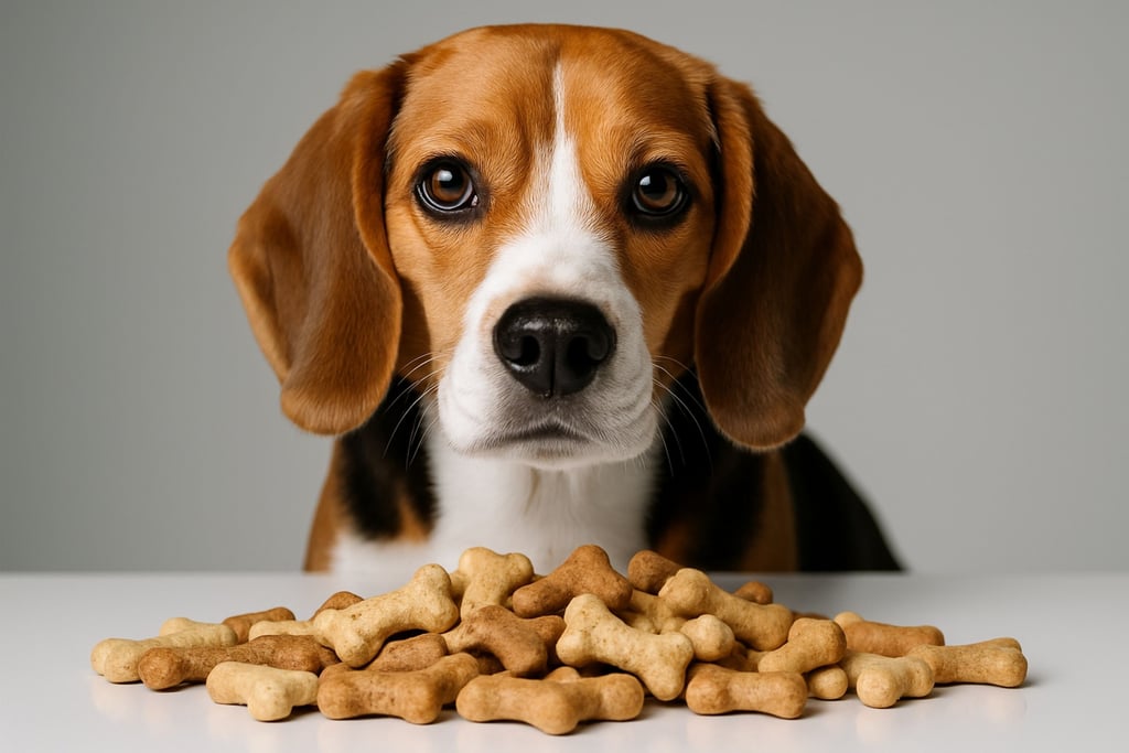 Beagle staring at a pile of dog biscuits on a white table; background is a plain light gray, conveyi