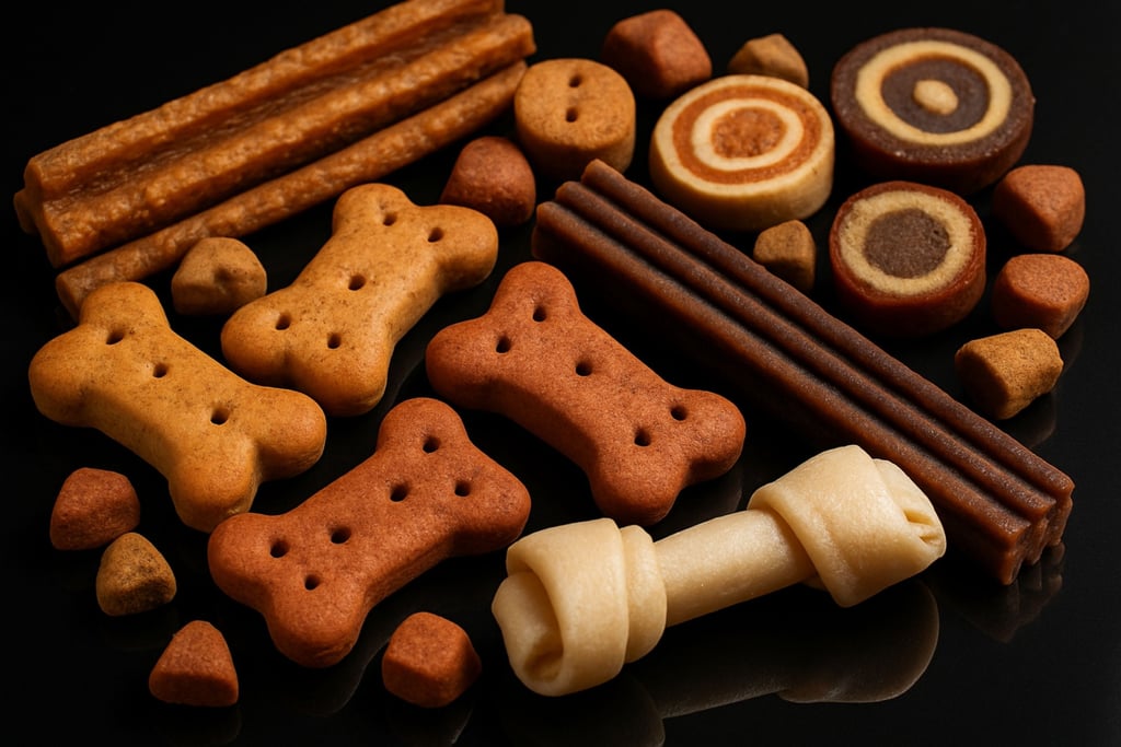 Assorted dog treats of various shapes and colors, including bones, sticks, and rolls, displayed on a