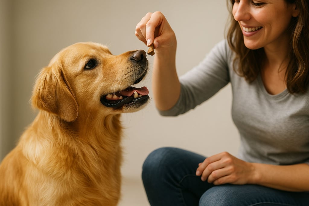 Smiling woman in gray shirt gives treat to happy Golden Retriever in bright, neutral setting.