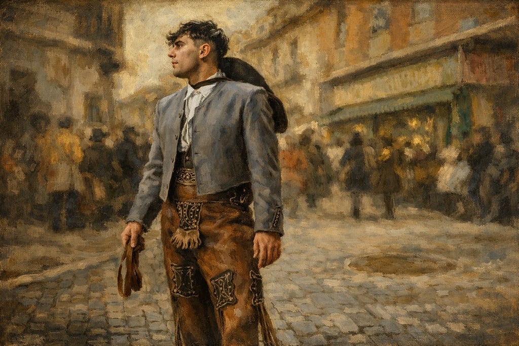 Oil-style portrait of a vaquillero in traditional dress standing on a cobbled street during La Vaquilla festival.