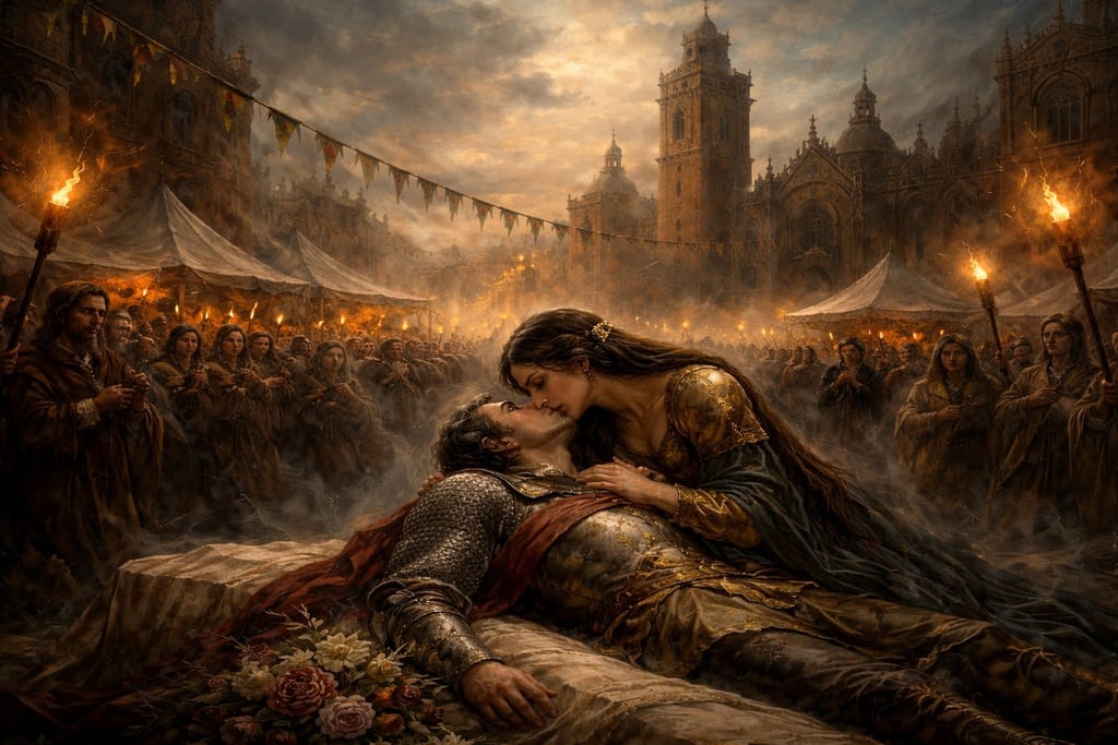 Medieval lovers embrace in a torchlit Teruel plaza, mourners gathered beneath towering church spires at dusk.