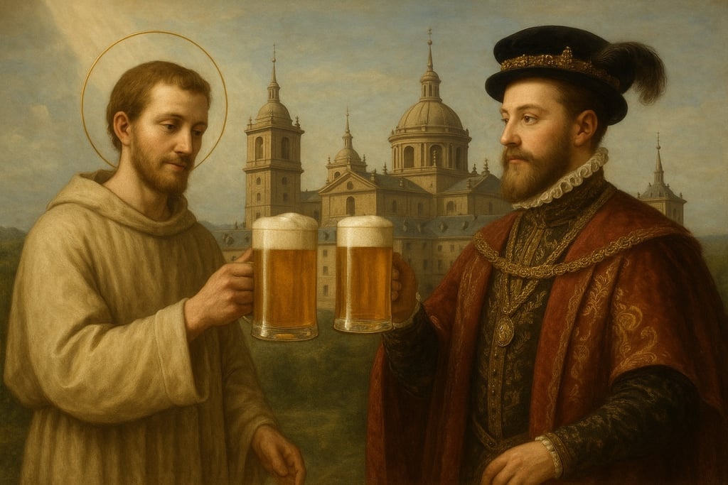 Saint Lawrence and King Philip II toasting with beer before El Escorial, Renaissance-style painting