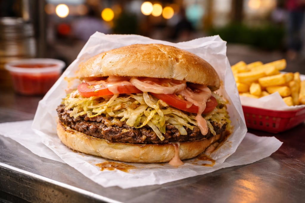 Typical Dominican chimi burger with beef patty, cabbage, tomato, and pink sauce, served with fries