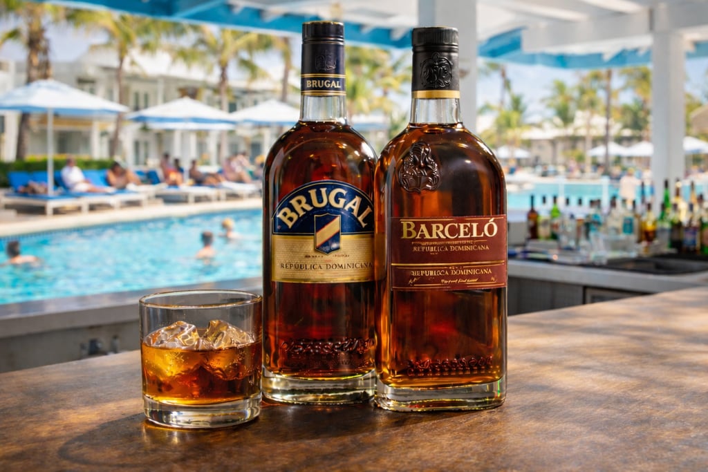 Brugal and Barceló Dominican rum bottles with glass of rum by Punta Cana resort pool