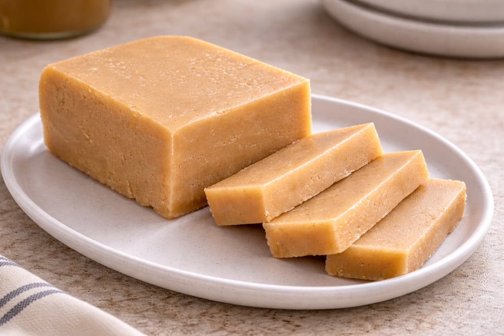 Dominican dulce de leche block sliced into caramel squares on a plate