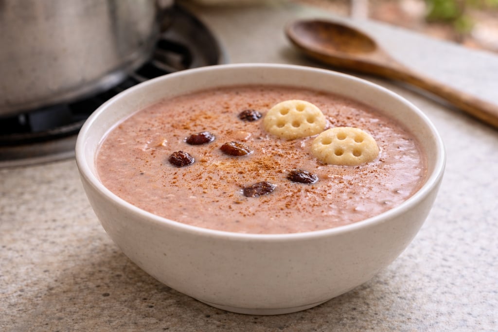 Dominican Habichuelas con Dulce red bean dessert with coconut milk, raisins, cinnamon, and milk biscuits