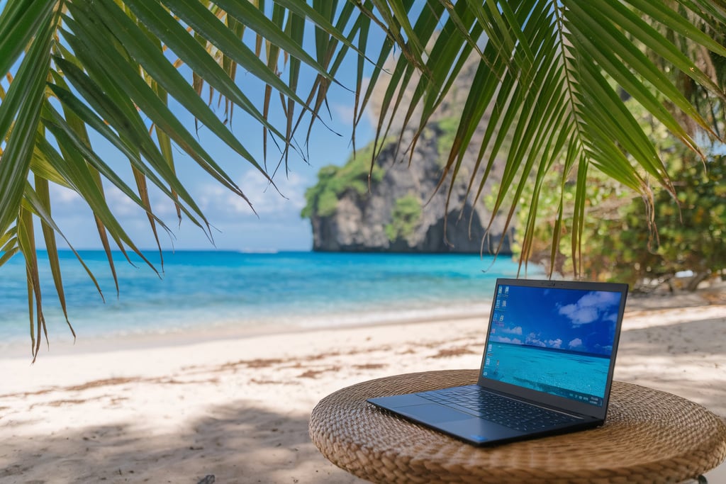 Laptop on tropical beach in the Dominican Republic