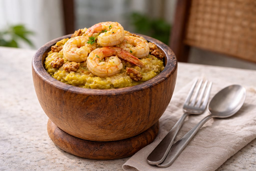 Dominican shrimp mofongo served in a wooden bowl with garlic mashed plantains and pork cracklings