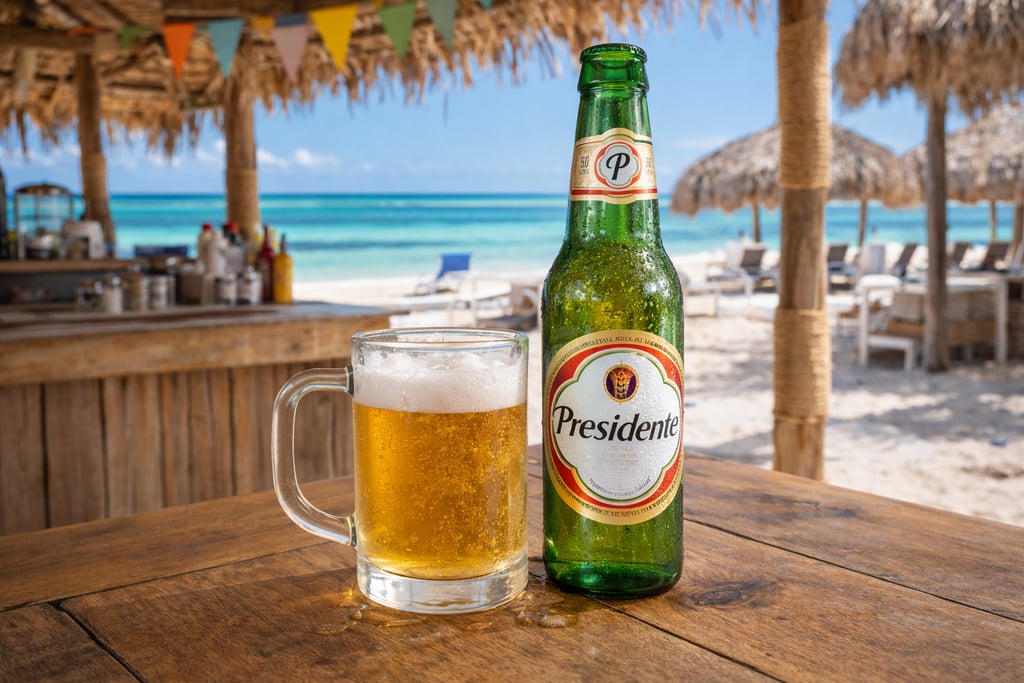Presidente beer on Punta Cana beach bar table with Caribbean ocean view