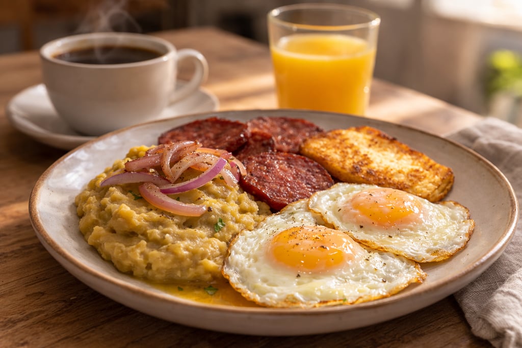 Dominican breakfast tres golpes with mangú, fried eggs, salami, fried cheese, pickled onions, coffee and orange juice